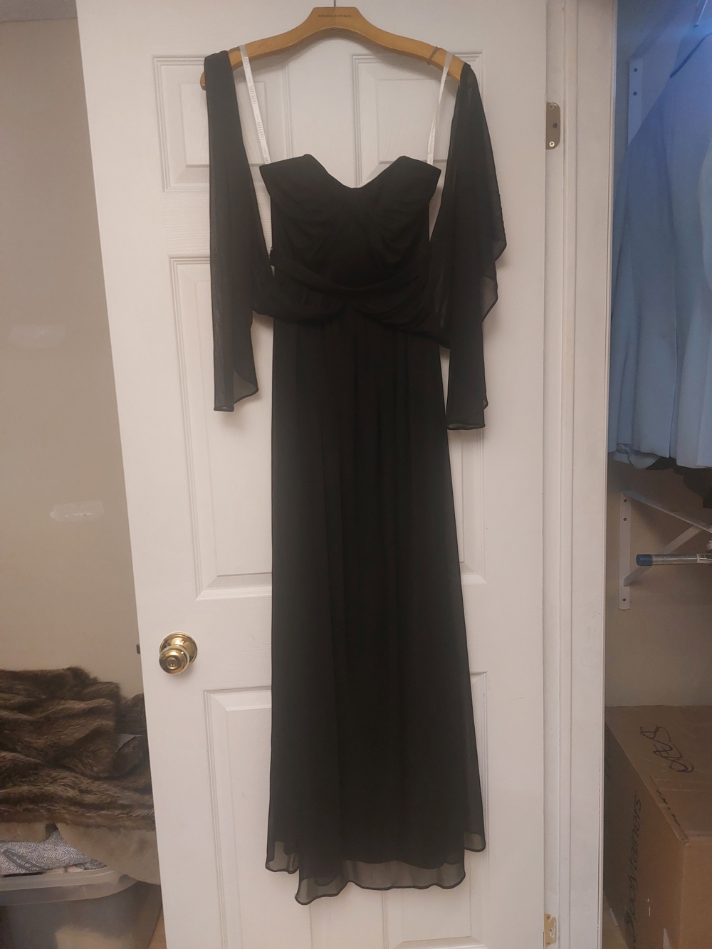 David's Bridal Black Strapless Convertible Chiffon Maxi Gown